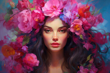 Naklejka premium A serene portrait of a woman adorned with vibrant flowers in a dreamy, artistic setting
