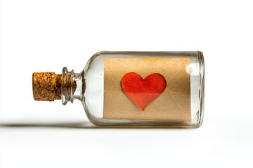 A bottle with a cork stopper and a heart drawn on a piece of paper inside