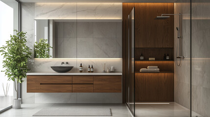 A sleek bathroom featuring a floating vanity