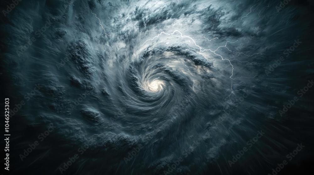 Poster Dark swirling storm clouds creating a dynamic vortex, dramatic atmospheric effect.