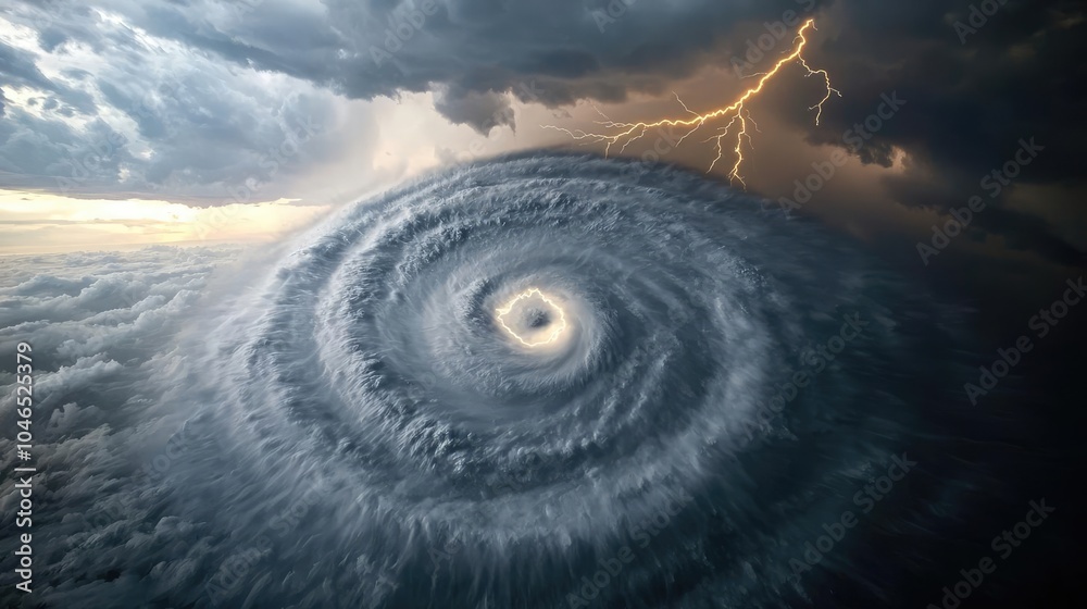 Poster dramatic aerial view of a hurricane over the ocean with lightning in the background.