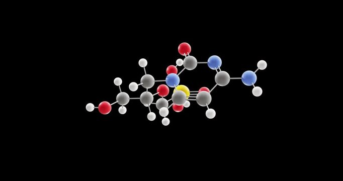 Cidofovir molecule, rotating 3D model of vistide, looped video on a black background