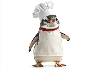 A penguin chef with a white hat and apron stands in front of a white background