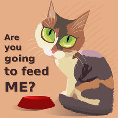 Hungry cat. Vector illustration. Feed the cat.