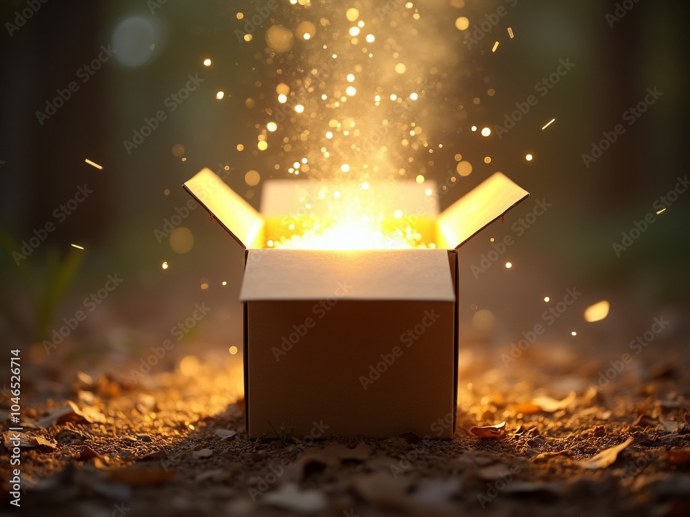 Aufkleber Open box with magic light in the forest. 3d rendering.