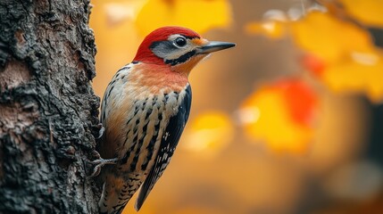 A colorful woodpecker perched on a tree with autumn leaves.