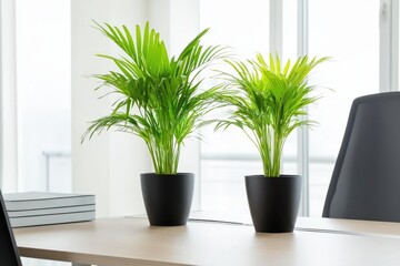 Fototapeta premium Modern office interior featuring sleek desks and vibrant indoor plants for a fresh, inspiring workspace.