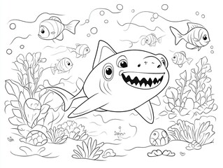 Cartoon shark swimming underwater with smaller fish and seaweed, drawn in black and white coloring book style