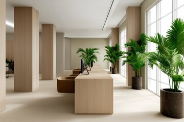 Fototapeta premium Modern office interior featuring sleek desks and vibrant indoor plants for a fresh, inspiring workspace.