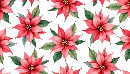 Fototapeta premium Vibrant floral pattern featuring red poinsettias and green leaves on a white background