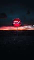 Isolated red stop sign against a dramatic sunset sky in a desolate landscape, symbolizing solitude and caution.