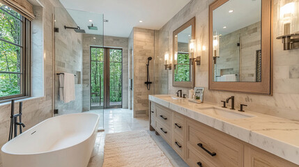 A sleek bathroom featuring a freestanding tub