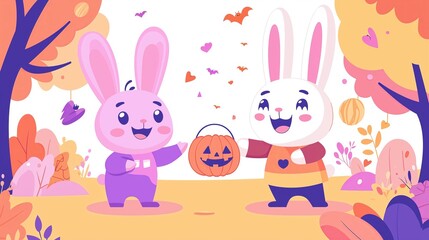 Fototapeta premium Two bunnies in autumn forest, one holding jack-o-lantern, smiling.