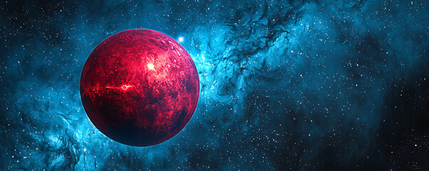 Naklejka premium A stunning space-themed image featuring the planet Mars in vivid red against a bright blue star-filled background.