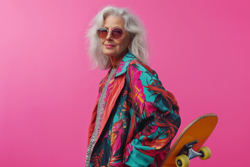 A woman in a colorful outfit is holding a skateboard