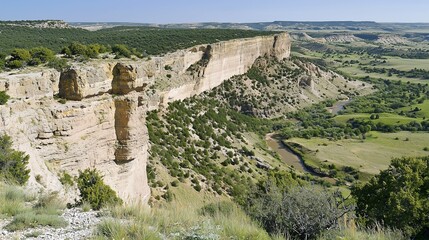 Fototapeta premium A high, sheer cliff overlooks a valley with a winding river.