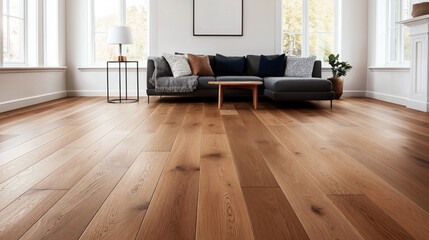 Modern living room with hardwood flooring, gray sectional sofa, decorative pillows, wooden coffee table, floor lamp, and large windows with natural light.