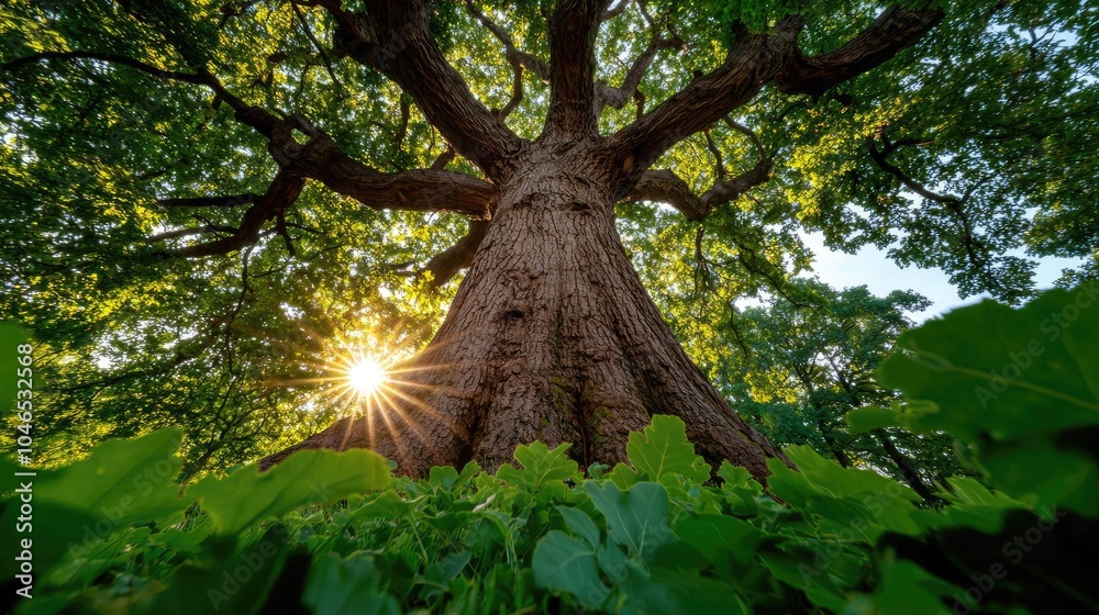 Poster majestic tree with lush leaves and sunlight filtering through branches.