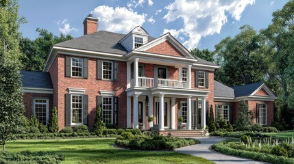 Red brick colonial home in an elegant architectural series.