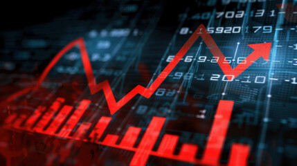 Fototapeta premium Close-up of downward-trending line graph on digital screen, symbolizing drop in earnings, financial decline visualized with charts and numbers.