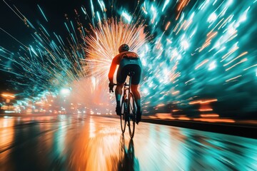 Fahrradfahrer bei Nachtfeier mit Feuerwerk