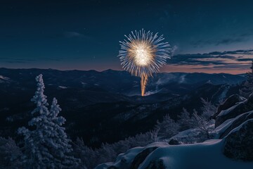 Silvesterfeuerwerk &uuml;ber verschneiten Bergen