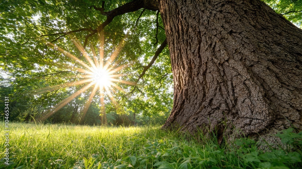 Poster sunlight filtering through lush green leaves, illuminating a sturdy tree trunk.
