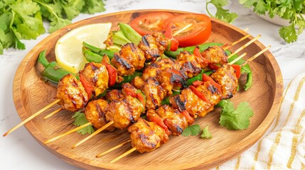 Fototapeta premium Grilled chicken skewers with bell peppers and green onions on a wooden platter.