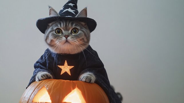 2410 72.A British cat in a Halloween wizard costume, complete with a witch hat and a star-patterned mantle, sits atop a glowing jack-o'-lantern pumpkin. The white background offers plenty of copy