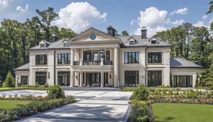 An opulent suburban home designed with distinct American architectural features.