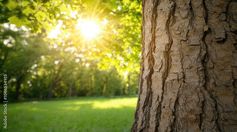 Aufkleber close-up of a tree trunk with sunlight streaming through lush green leaves.