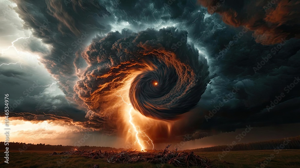 Poster a swirling storm with lightning, dark clouds and an ominous atmosphere.