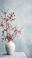 Still life of dried berry branches in a ceramic vase, minimalistic Scandinavian design