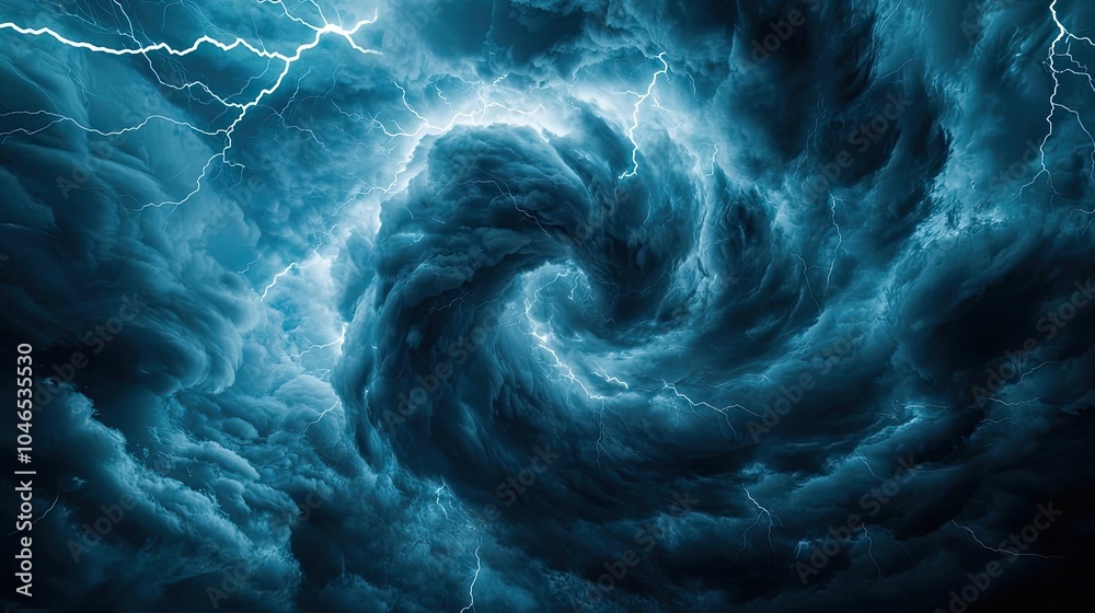 Poster dramatic swirling storm clouds illuminated by flashes of lightning.