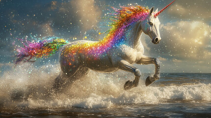 Cute magic rainbow unicorn in fantastic world kid's dream background