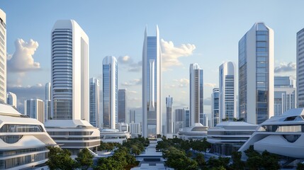 Obraz premium A futuristic city skyline featuring modern skyscrapers, sleek architectural designs, and lush greenery. The scene captures a vibrant urban environment under a clear blue sky.