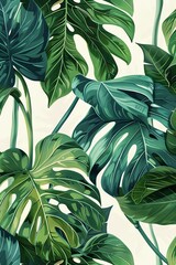 Luxurious Tropical Foliage: A Lush Pattern of Monstera and Palm Leaves on a Soft Beige Background, Perfect for Nature-Inspired Design Projects.