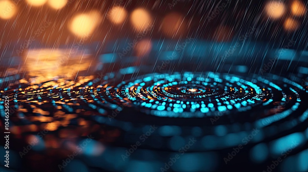 Poster Raindrops create ripples on a vibrant surface with colorful lights in the background.