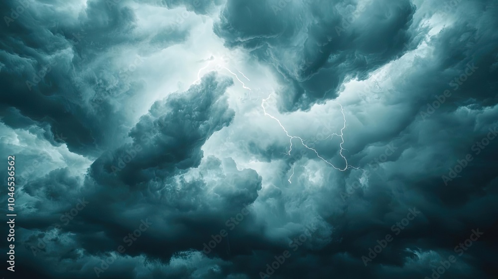 Poster dramatic dark storm clouds with flashes of lightning in a moody sky.