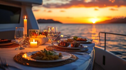 Fototapeta premium A romantic dining setting on a boat at sunset, featuring elegantly arranged plates, glasses, and candles by the serene water.