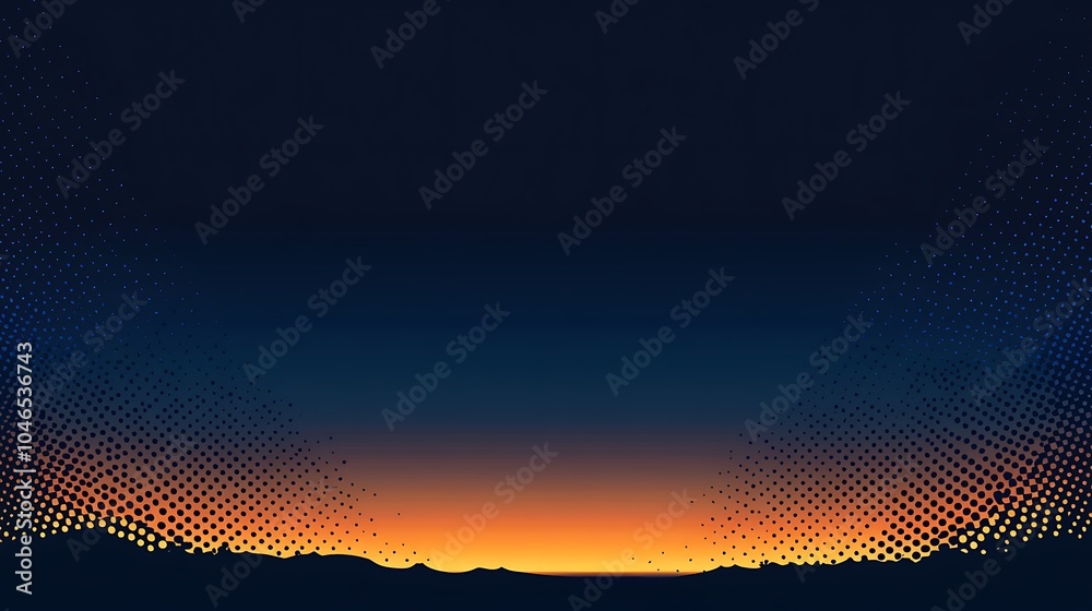 Poster abstract sunset with halftone pattern and mountain silhouette.