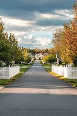 Obraz premium Suburban neighborhood with white picket fences and homes along a tree-flanked road.