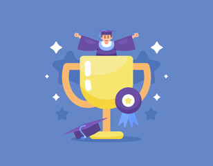 best graduate concept. become a winner and get the best grade or cum laude. get a degree and graduate. education and achievement. illustration of a graduate happy because he got a trophy. flat style