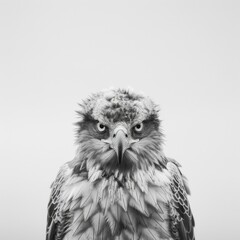 Obraz premium Majestic Close-Up of a Fierce Eagle Staring Intently Against a Minimalist White Background, Showcasing Its Sharp Features and Powerful Presence.