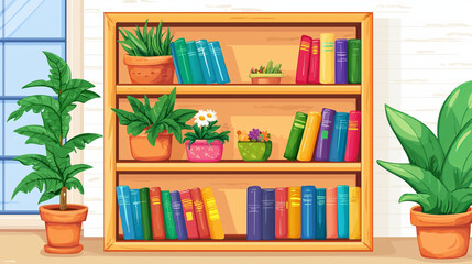 Wooden bookshelf filled with colorful books and potted plants..