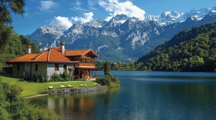 Scenic lakeside view with mountains and a cozy house.