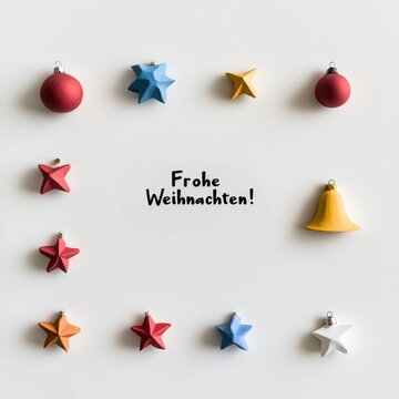 Bunte Weihnachtsdekoration mit Frohe Weihnachten Botschaft