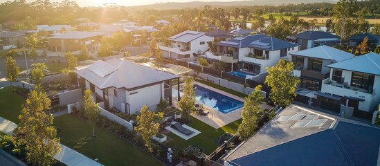 Fototapeta premium Late afternoon aerial showing suburban luxury homes with amenities in Australia.