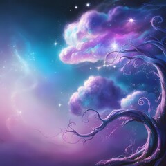 A mystical and vibrant fantasy background with swirling clouds of iridescent mist, shimmering stars, and a faint luminescent glow.