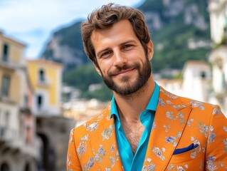 Man in a yellow suit and blue shirt is smiling. young man with a stubble beard, stylishly dressed in a camel colored suit with a perfect matching blue shirt, walking through a picturesque street